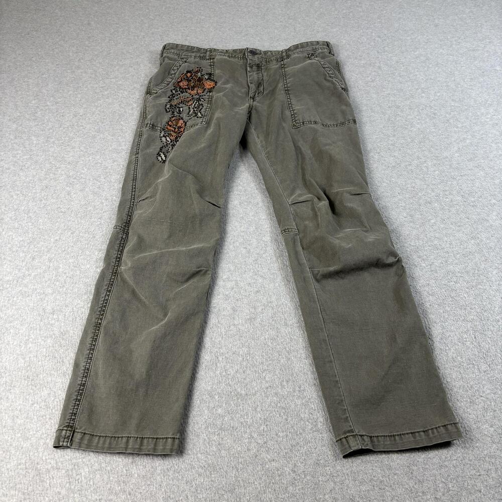 Anthropologie The Wanderer Pant Women 28 Green Straight Floral Beaded Boho Artsy